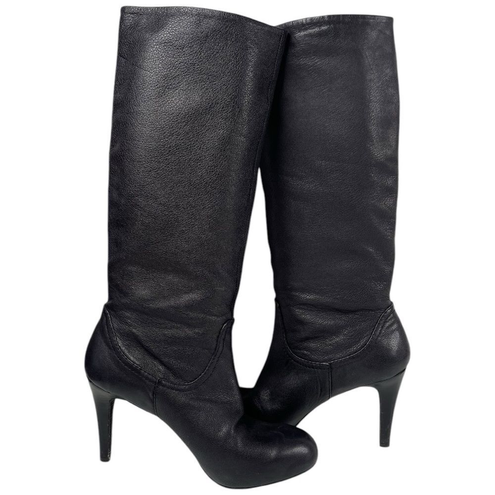 Enzo Angiolini Gibbons Black Leather Stiletto Heel Tall Knee High Boots Size 9M